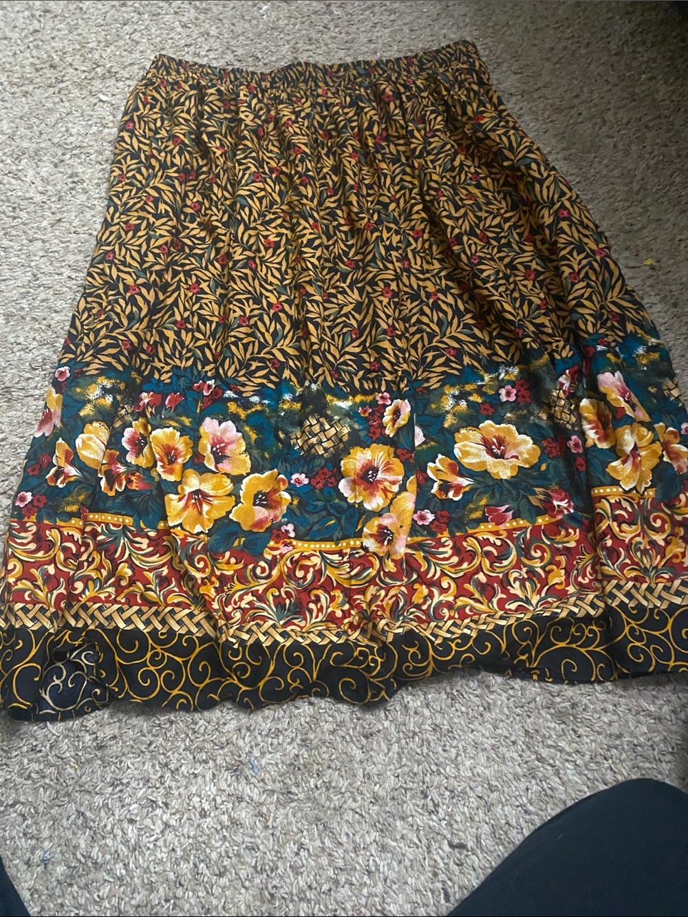 Printed Floral Border Midi Skirt in Mustard and Teal